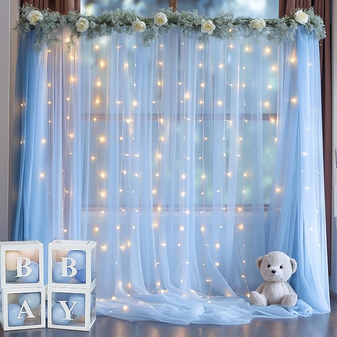20x10ft Baby Blue Tulle Backdrop Curtain with Lights String for Parites, Sheer Backdrop Curtains for Wedding Baby Shower Birthday Party Photo Shoot Decorations