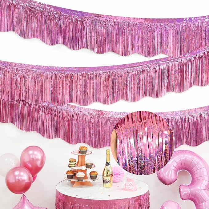 LOLStar Pink Foil Fringe Tinsel Garland, Tinsel Streamers Banner, 6 Pack | 60Ft Metallic Tinsel Streamers Banner, Glitter Photo Booth Props for Wedding, Parade Float, Gender Reveal Party Decor