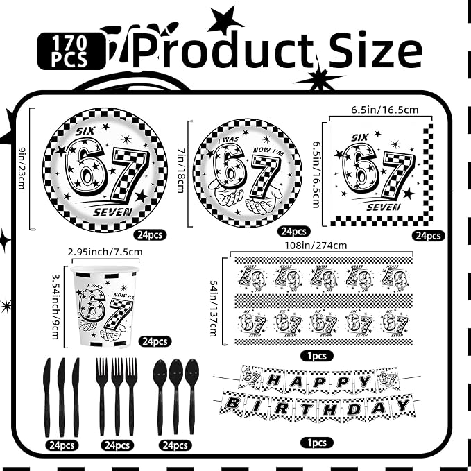170Pcs 6 7 Birthday Decorations,White and Black Checkered I Was 6 Now I'm 7 Seven Birthday Theme Party Tableware Set Plates Napkins Cups Banner Tablecloth Tableware