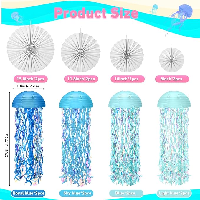 Teyva Daily 16 Pcs Hanging Jellyfish Decorations Jellyfish Paper Lanterns Folding Paper Fan Birthday Party Decor Colorful Beautiful Floating Sky Lanterns for Under The Sea Ocean Mermaid Party