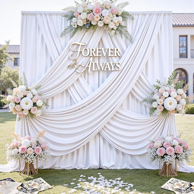 50ft x 12ft Wrinkle Free White Backdrop Curtains for Parties, 10 Panels 12FT Long Silky Polyester Photo Backdrop Drapes Back Drop Cloth for Wedding Birthday Photography Background Decor
