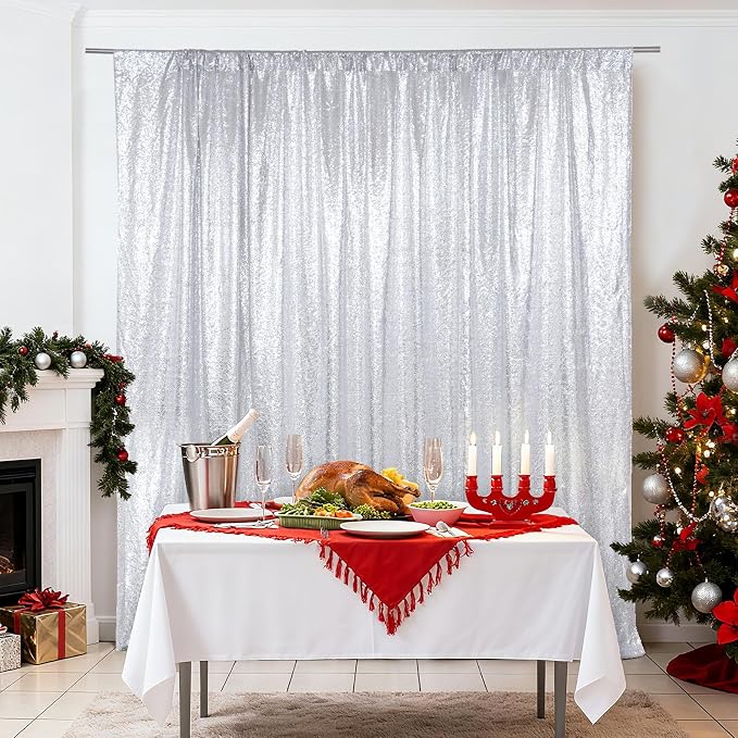 SquarePie 4x7ft Silver Sequin Backdrop for Photography, Satin-Backed Real Sequin Curtain, Enhanced Coverage Shimmering Background with 4" Rod Pocket for Wedding, Birthday, Party Decor, 1 Panel