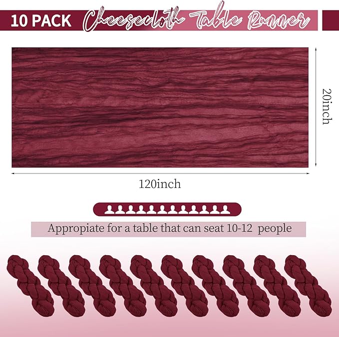 10 Pack Burgundy Table Runner 10Ft Cheesecloth Table Runner Boho Gauze Cheese Cloth Table Runners Romantic Long Sheer Fabric Table Runners for Wedding Party Bridal Shower(Burgundy)