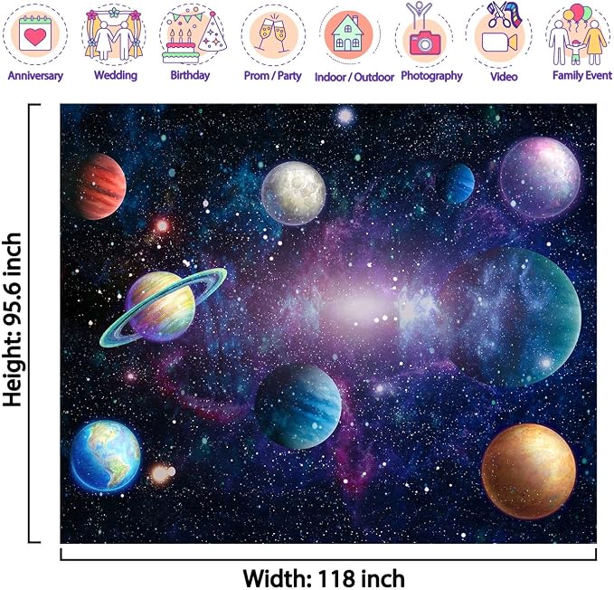 Outer Space Backdrop Starry Galaxy Birthday Party | 118 x 95.6 in, Polyester, Outer Space Theme, Lightweight, Reusable, Washable, Birthday Decor, Photo Backdrop