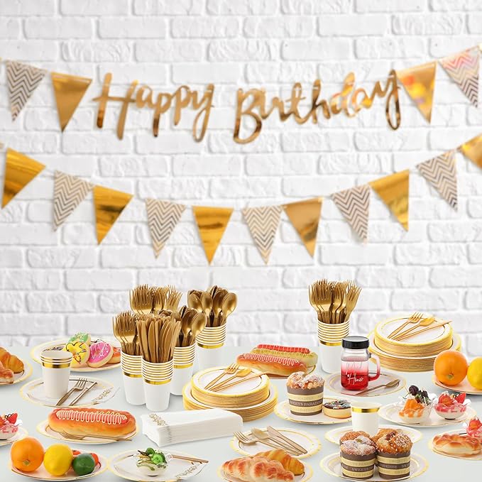 Didaey 700 Pcs Disposable Dinnerware Set for 100 Guests Include 200 Paper Plates, 300 Plastic Silverware, 100 Paper Cups, 100 Napkins for Wedding Birthday Party Supplies (White with Gold Rim)