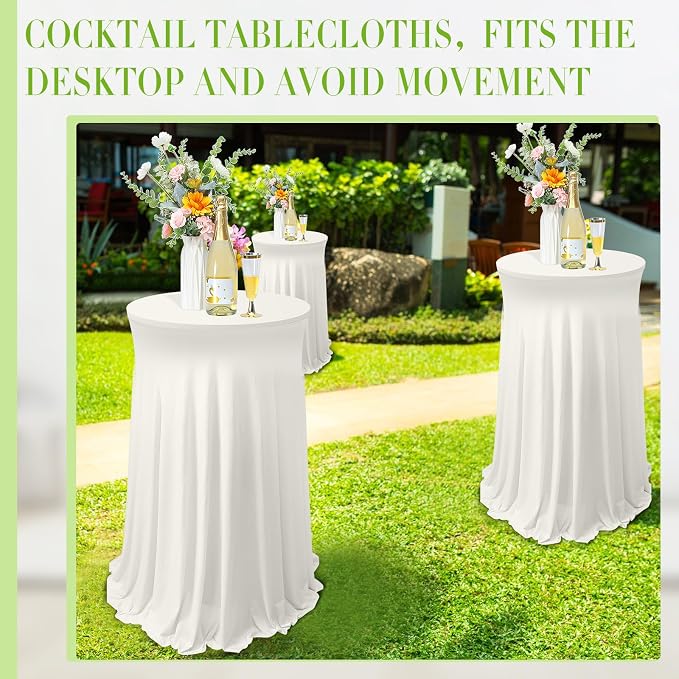 Tegeme 4 Packs Round Spandex Cocktail Tablecloths with Skirt 32 x 43 Inch Cocktail Round Table Cover Spandex Stretch Square Tablecloth Skirt for Table Bar Wedding Party Banquet(Ivory)