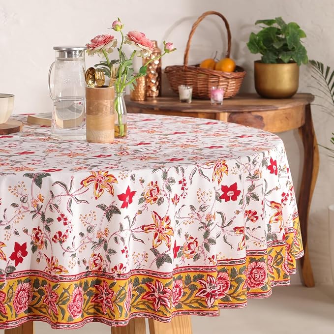 Hand Block Printed Tablecloth – Colorful Floral Print | 100% Cotton | Indian Artisan Handmade Art | Dining Room, Kitchen, Outdoor Décor, (Ruby Rose Charm, 6 Seater 72 Inches Round)