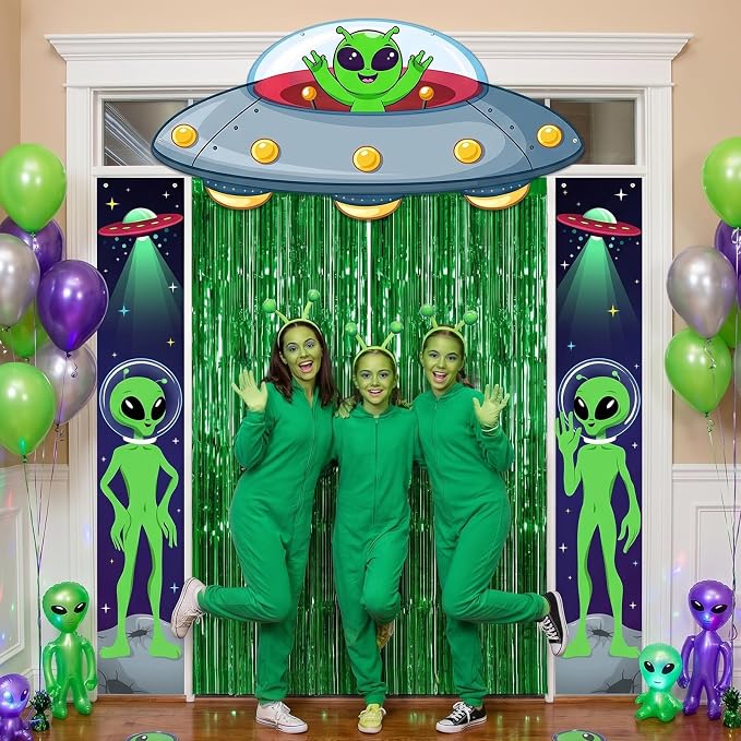 Avezano Alien Party Decorations Set Alien Birthday Party Supplies | 5Pcs, UFO Backdrop Porch Sign Banner Green Foil Fringe Curtains for Boys Men, Photo Booth Props