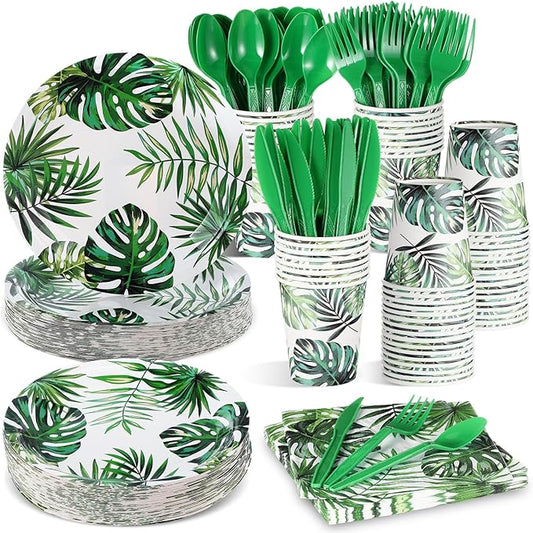 Willinglong 350 Pcs Luau Party Supplies Hawaiian Tropical Palm Leaves Tableware Set Luau Party Plates Napkins Cups Knives Forks Spoons for Summer Safari Jungle Birthday Party Decorations, main green