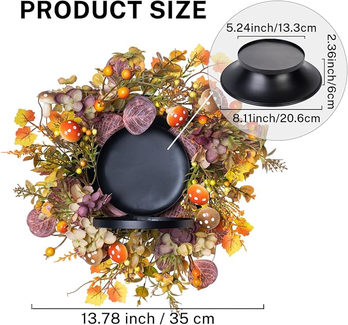 MOYEE Autumn Centerpieces for Tables Candle Ring, Black Metal Candlestick with an Artificial Wreaths 14 in Versatile Dining Table Centerpiece Decor (Mushroom and Daisy Wreath)