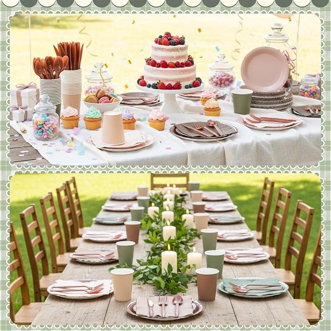 Zhehao 350 Pcs Woodland Party Supplies Set Green and Brown Disposable Tableware Kit with Plates, Cups, Napkins, Cutlery in Natural Earth Tones for Baby Shower, Birthday, Wedding Forest Events
