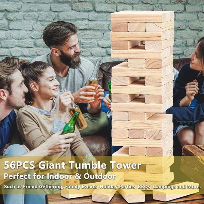 Aivalas Giant Timber Blocks Games, 57 Blocks Large Tower Outdoor Games - Includes Carry Bag and Scoreboard, Wood Stacking Yard Games Grows from 2FT to Over 4.2FT for Kids Adults Family