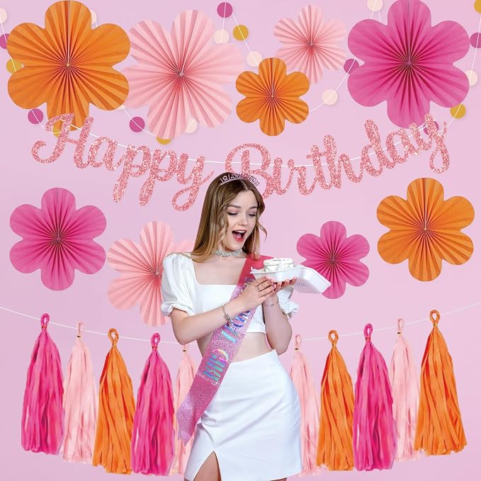 Roetyce Flower Birthday Decorations, Pink Happy Birthday Banner Paper Fan Tassel for Women, Orange Floral Themed Girls BDay Party Supplies, Boho Garland Photo Background Backdrop
