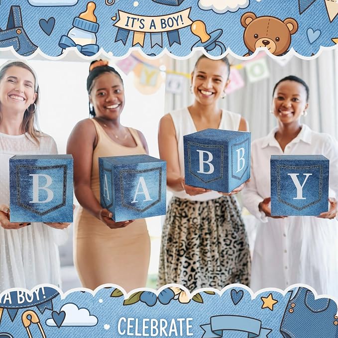 Qunclay 4 Set Blue Jean Baby Shower Decorations Party Boxes with Letters Stackable for Denim Baby Shower Decorations Gender Reveal Decoration Photo Prop Cowboy Country Nursery Decor
