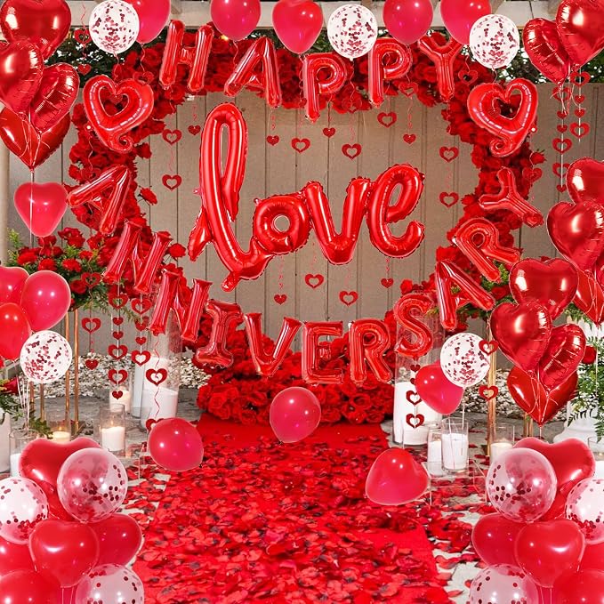 Happy Anniversary Decorations with Red Happy Anniversary Banner, Heart Balloons, Love Balloon, Silk Rose Petals and Heart Hanging Decor for Valentines Day, Wedding, Bridal Shower Decorations