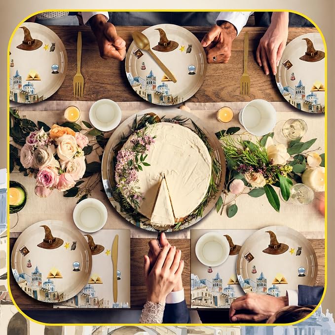 350 Pcs Magical Wizard Party Decorations Supplies A Magical Bundle Is On The Way Tableware Set Disposable Plates Cups Napkins Cutlery for Birthday Shower Wizard Party, Serve 50