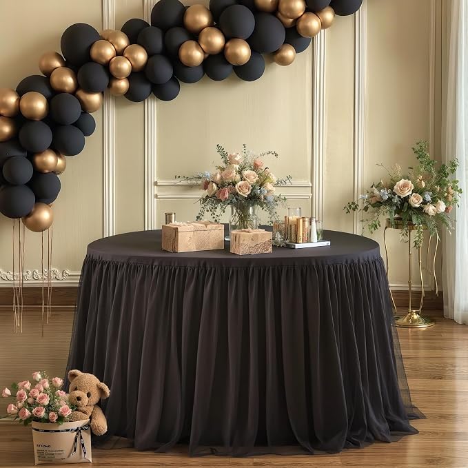 HB HBB MAGIC Black Round Tablecloths 60 inch Stretchy Elastic Fitted Round Table Cloths Round Cover 120 inch, Black Round Tulle Tablecloth Tulle Table Cloth with Skirt for Wedding Birthday Party