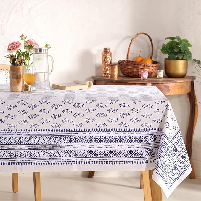 Hand Block Printed Tablecloth, Colorful Floral Print, Indian Artisan Handmade Art, Dining Room, Kitchen, Outdoor Décor, (Blue Buti, 12 Seater 72 x 135 Inches Rectangle)