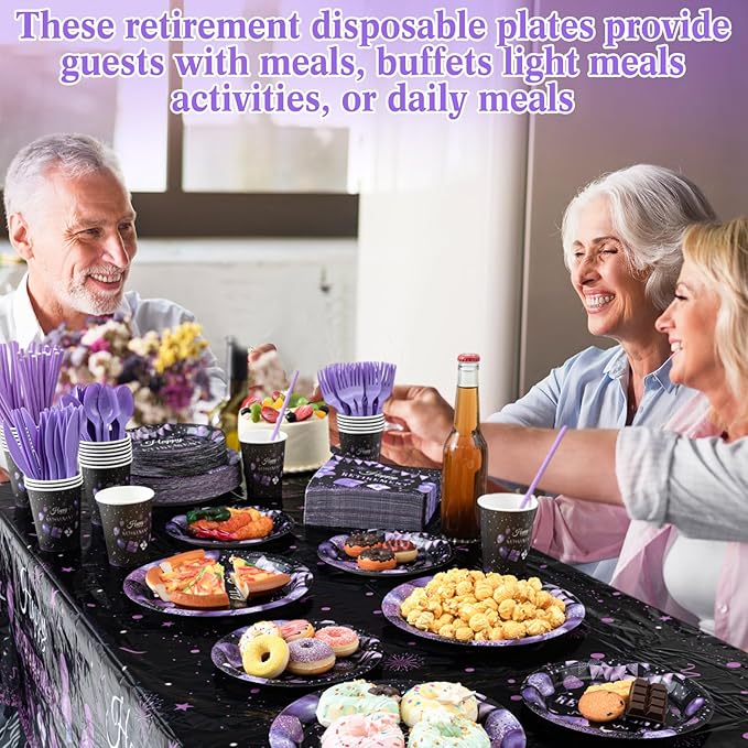 Funnymoom 452 Pcs Retirement Party Decorations Supplies Set Include Purple and Black Retirement Paper Plates Napkins Cups Tablecloth Cutlery Straws for Men Women Say Goodbye Party