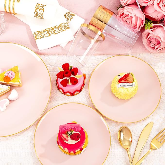 YOUBET 175PCS Pink Plastic Plates - Pink and Gold Disposable Plates Include 50 Plastic Plate, 75 Silverware, 25 Cups, 25 Napkins for Wedding & Party & Birthday Mothers Day
