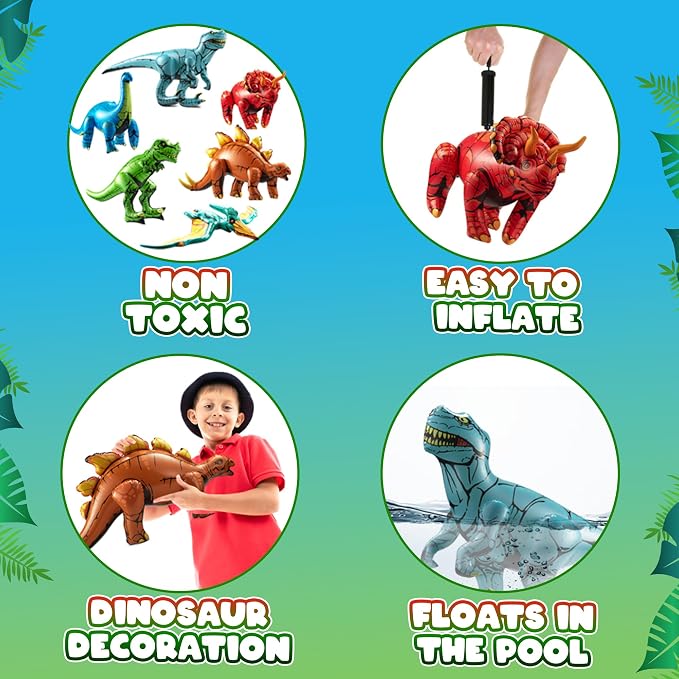 6-Pcs Inflatable Dinosaur Birthday Party Decorations - Large Blow-Up Dino Toys for Kids (20-26”) Dinos for Boys or Girls - Self-Standing Vinyl Balloons for Jurassic Theme Party & Pool Floats