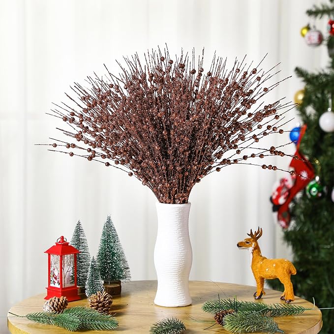 Geosar 30 Pcs Artificial Glitter Berry Stem Decorations 17 Inch Faux Stick Floral Pick Centerpiece Bouquet Flower Bead Twigs for Centerpiece Tree Wreath Ornaments Home(Brown)
