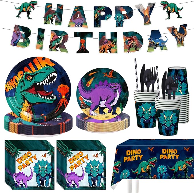 202 Pcs Dinosaur Birthday Party Supplies for 25 Guests – Complete Dino Tableware Set with Plates, Cups, Napkins, Cutlery, Straws & Tablecloth plus Bonus Checkers Game Party Decorations