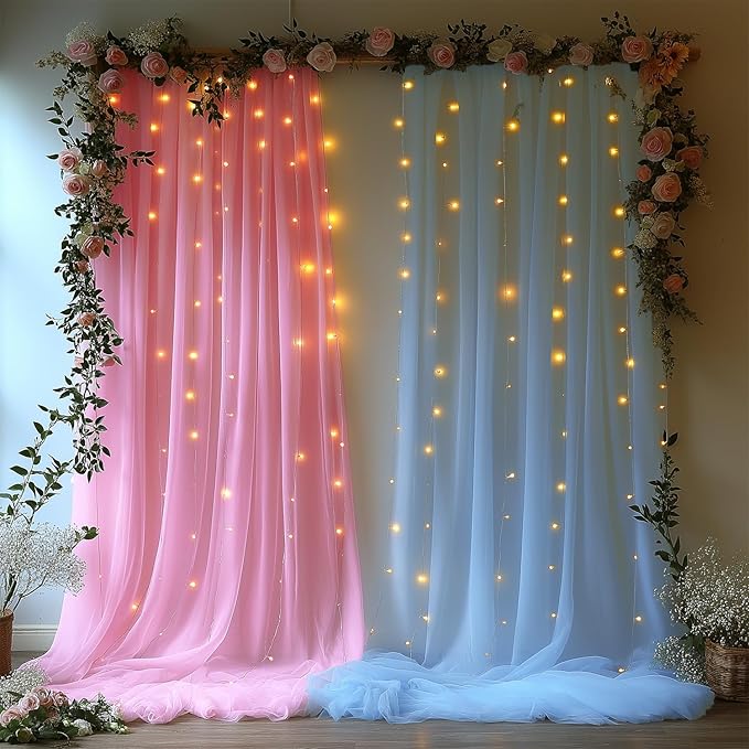 Pink and Blue Tulle Backdrop Curtain with Lights String - 10x10ft Sheer Wedding Backdrop for Baby Shower, Birthday Party, Photo Shoot Decorations - 2 Panels (5ft x 10ft Each)
