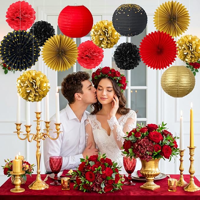ADLKGG Red Black Gold Party Decorations, 14 Pcs Hanging Paper Fans, Lanterns, Pom Poms - Elegant Backdrop for Casino Night, Graduation 2026, Birthday, Hollywood Theme Party, Game Night