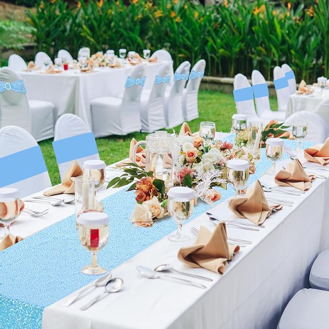 Newwiee 54 Pcs Sky Blue Sequin Chair Sashes and Table Runners, 48 Sequin Chair Bows, 6 Glitter Table Runners for Birthday Party Wedding Banquet Holiday Decorations