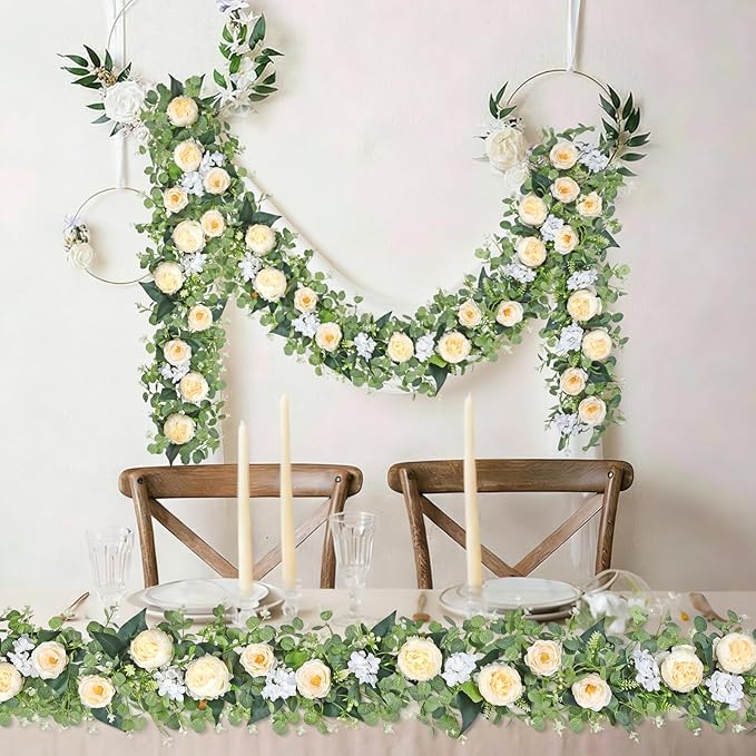 Betylifoy 2 Pack 12Ft Champagne Flower Garland Artificial Eucalyptus Flower Garlands Fake Peony Rose Floral Vines Hanging Hydrangea Flowers Faux Greenery Garland for Wedding Party Table Backdrop Decor
