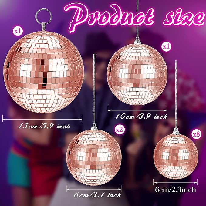 WILLBOND 12 Pack Disco Ball Party Decorations Hanging Mirror Balls Fun Retro Dj Lighting Effect Stage Props Game Accessories, 5.91", 3.94", 3.15", 2.36"(Rose Gold)