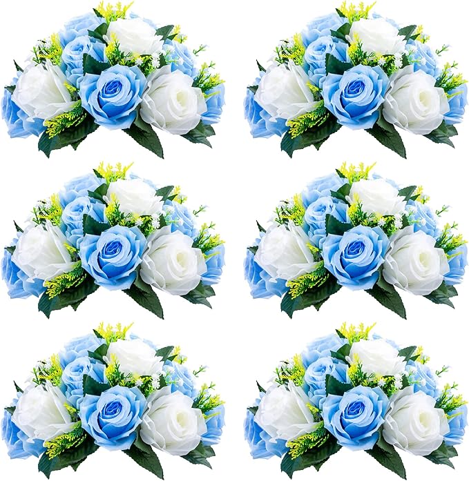 NUPTIO Flower Balls for Wedding Table Centerpieces, Blue & White Fake Rose | 6 Pcs Artificial Silk Floral Bouquet Arrangements, for Birthday Party, Baby Shower, Quinceanera, Housewarming Decorations
