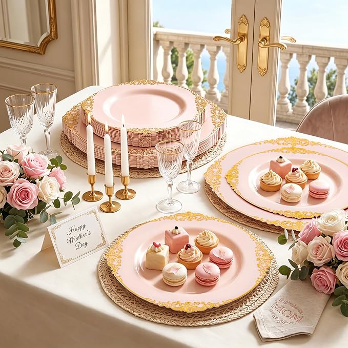 102PCS Pink Plastic Plates - Pink and Gold Plate - Heavyweight Disposable Plate with Gold Rim - Fancy Dinner & Dessert Plates for 51 Guests Weddings & Parties