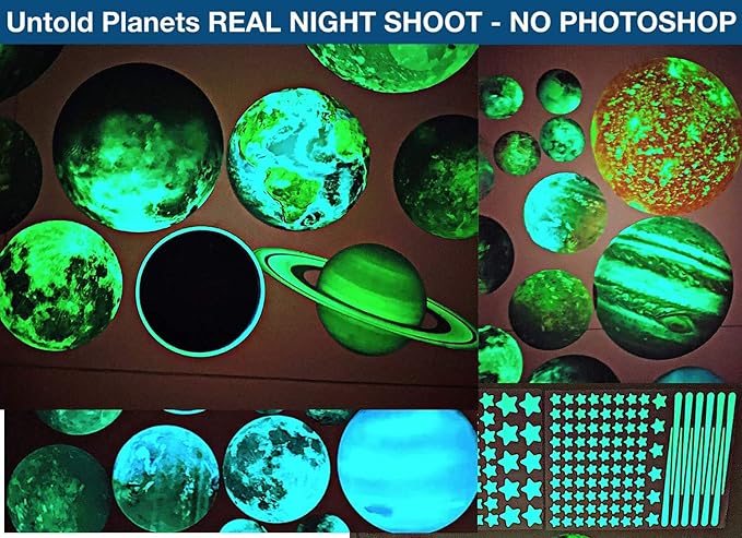 UNTOLD PLANETS 195+PCS Glow in The Dark Planets for Ceiling Decorations, Star Stickers Sun, Moon Pluto Wall Stickers for Kids, Boys Room Decor, Wall Decals Christmas Gift