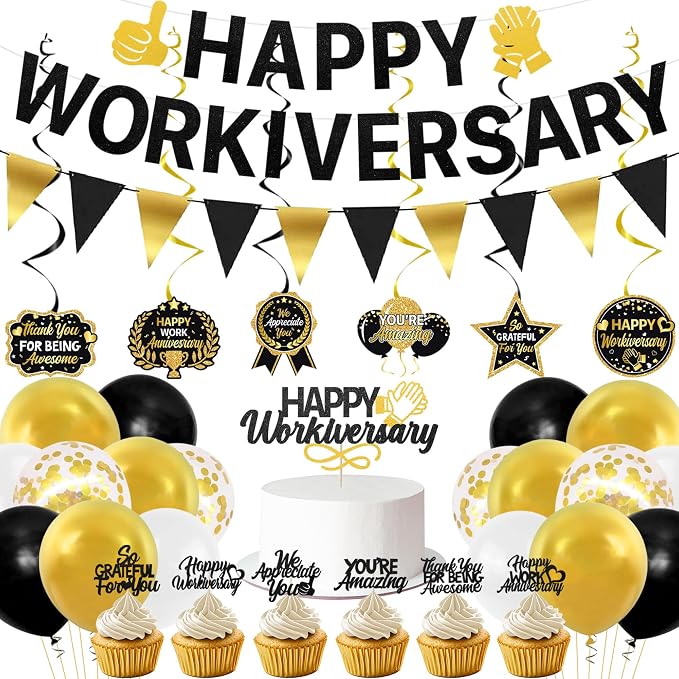 Roetyce Work Anniversary Party Decorations, Black Gold Happy Workiversary Banner Cake Topper Balloons Hanging Swirls, Work Anniversary Backdrop Background for Employee Coworker Office Party Supplies