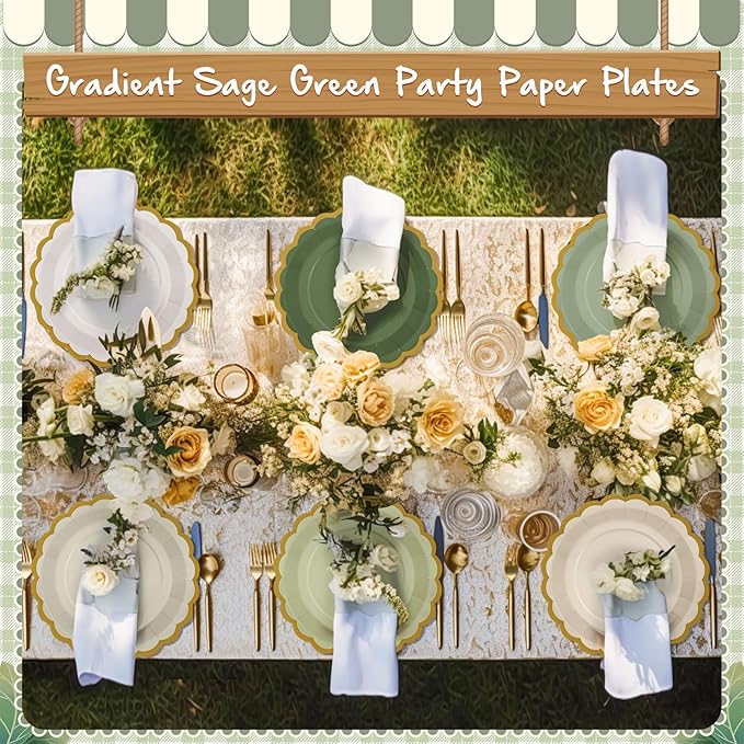 48 Pcs Sage Green Paper Plates 9 Inch Gradient Scalloped Paper Disposable Dinner Dessert Plates for Birthday Wedding Bridal Party Supplies, 6 Colors