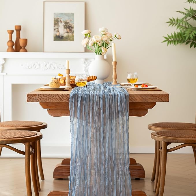 FEXIA 10 Pack Dusty Blue Gauz Table Runner 35x120 Inches Gauze Table Runner for Bridal Shower Wedding Party First Communion Centerpiece Engagement Boho Table Decoration (Dusty Blue)