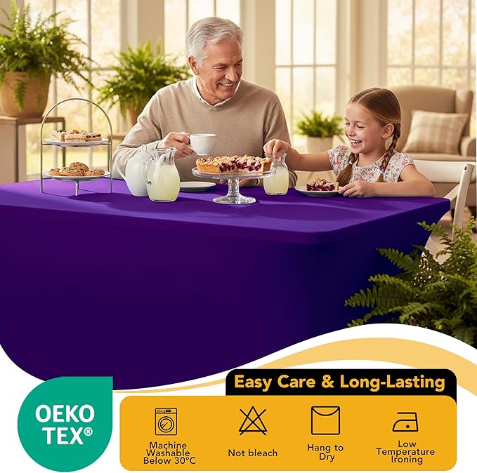 6-Pack Premium Purple Spandex Tablecloths for 6ft Rectangle Tables, Stain & Wrinkle-Resistant, Washable Stretch Polyester Fitted Table Cover for Weddings, Banquets, Trade Shows Events