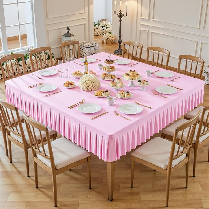 Wish Care Pink Spandex Tablecloths for 60x60 Inch Square Tables, Stretch Fitted Table Clothes with Pleated Ruffle Skirt for 60” Table, Wrinkle Free and Elastic, for Party Kitchen Home Dining
