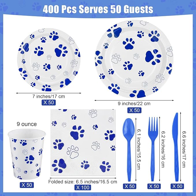 Kochorie 400 Pieces Blue Paw Disposable Party Tableware Sets Dog Puppy Supplies Including Plates Cups Napkins Cutlery Serves 50 for Birthday Puppy Theme Party Decorations