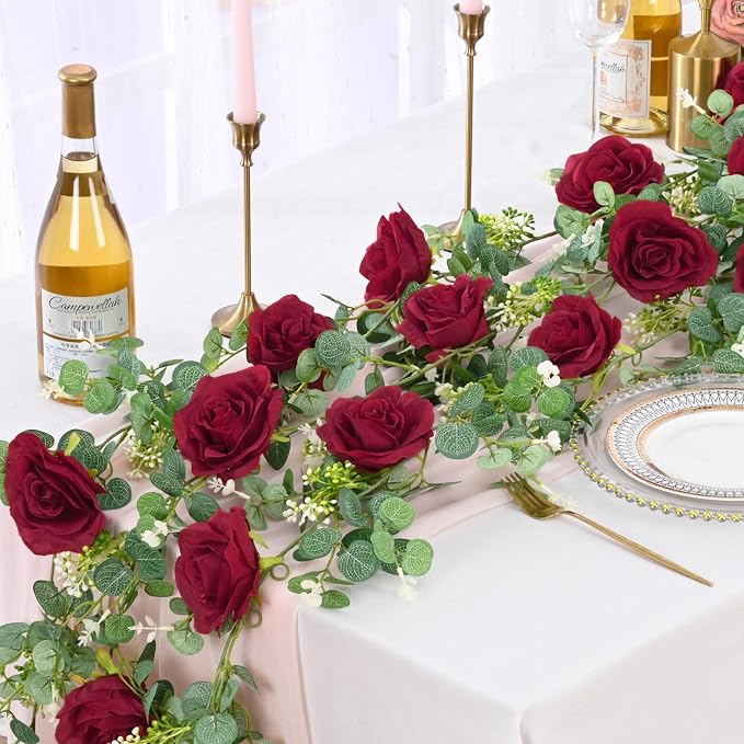 Dolicer 2Pcs 13Ft Artificial Eucalyptus Garlands with Flowers - 8 Roses, Faux Floral Greenery Garlands Fake Flowers Vines for Wedding Table Centerpieces Arch Party Ceremony Backdrop Decor (Red)