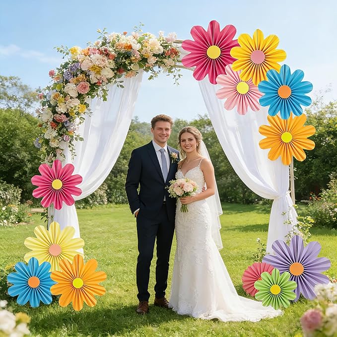 Paper Jazz Colorful Party Decorations with Daisy Paper Flower,Rainbow Birthday Decorations-9pcs Tissue Mexican Decor for Home Backdrop Garden Birthday Party Wall Hanging Fan for Spring Party