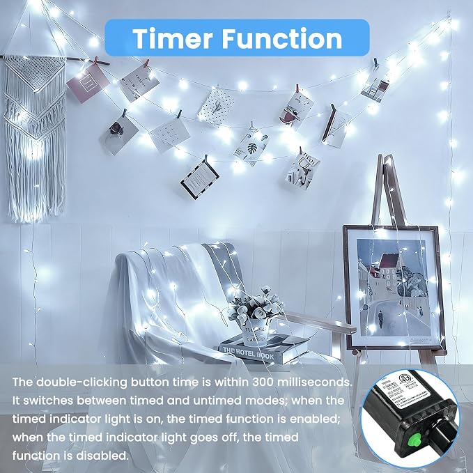 Connectable 2Pack String Lights Indoor, 66FT 200LED String Lights, 13Modes Twinkle Fairy Lights Plug in Outdoor Waterproof, Cool White Clear Wire Light for Christmas Tree, Wedding Yard, Party Decor
