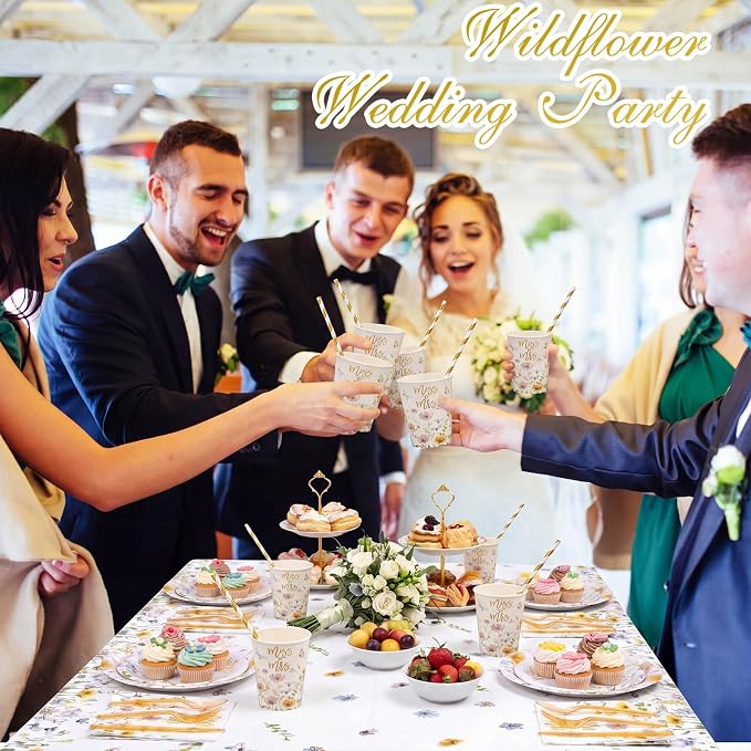 LemonRoad 452 Pcs Miss to Mrs Floral Bridal Shower Decorations for 50, Wildflower Bridal Shower Paper Plates Napkins Cups Tablecloth Cutlery Straws for Wedding Bachelorette Engagement Party Supplies