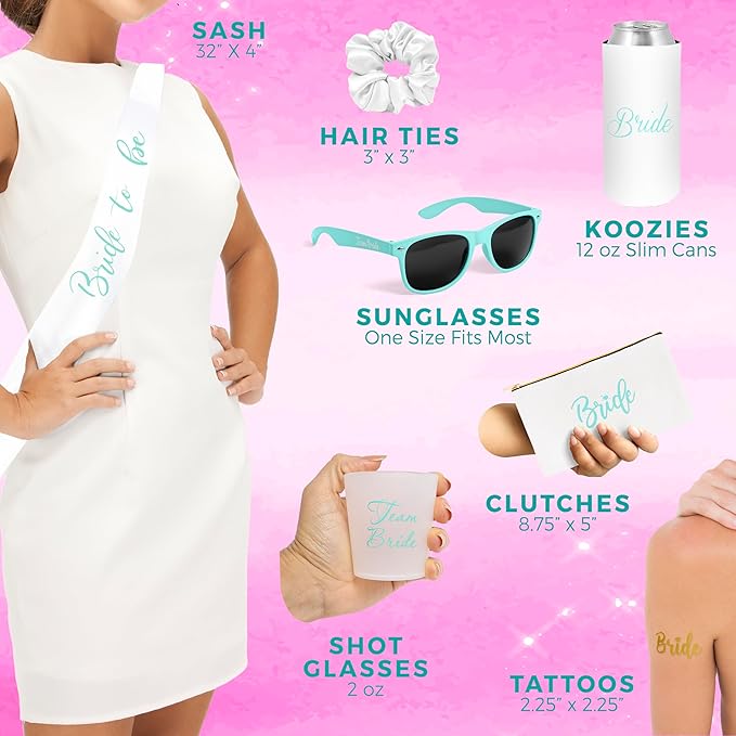 56 Piece Bachelorette Party Favors Kit – Bridesmaid Proposal Gifts & Bride-to-Be Accessories | Team Bride Decorations, Sashes, Sunglasses, Cups & More (Turquoise 7 Pack, 56)