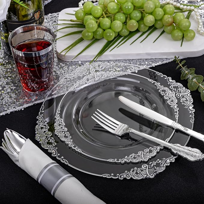 Morejoy 350PCS Clear Silver Plastic Plates - Silver Disposable Plates sets Include 50 Dinner Plates,50 Salad Plates,50 Forks,50 Knives, 50 Spoons，50 Cups, 50 Rolled Napkins for Wedding & Christmas