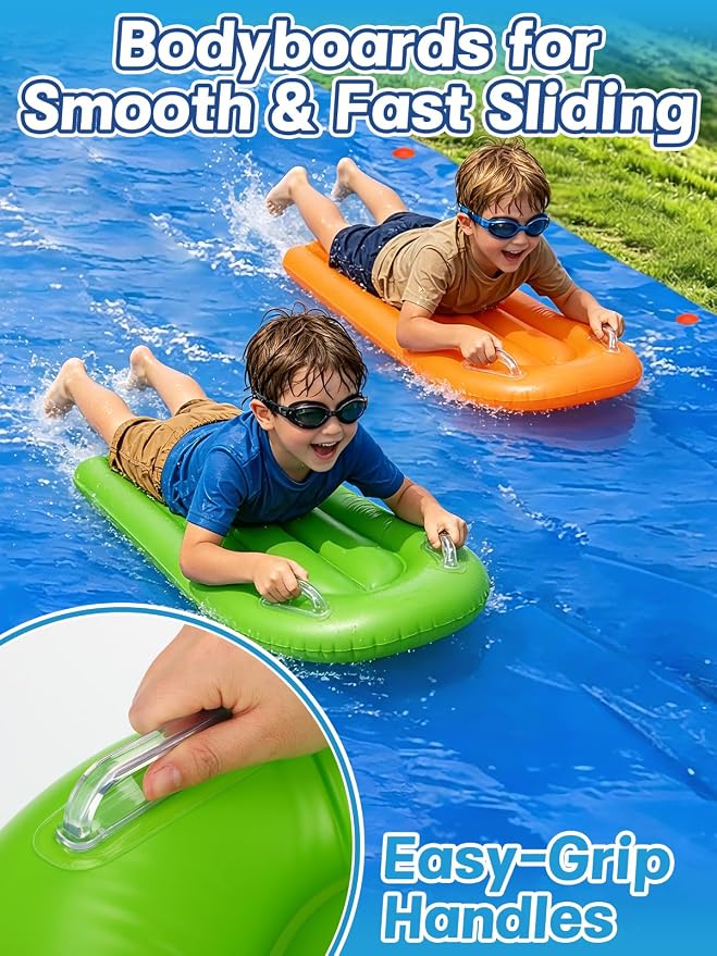 30 x 8 ft Extra Wide Lawn Water Slide with 2 Inflatable Bodyboards - Thick Durable Slick Waterslide for Kids & Adults, Easy to Set Up with 16 Ground Stakes, Outdoor Backyard Fun Water Games for Summer