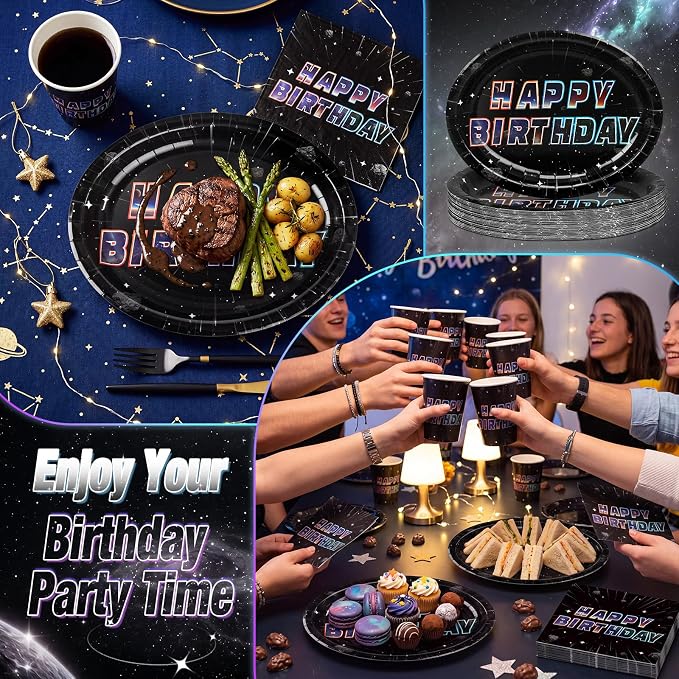 Vesici 150 Pcs Galaxy Birthday Oval Paper Plates and Napkins Set, 10'' x 12'' Large Space Tableware Galaxy Disposable Paper Plate Napkin Cup Set Space Party Supplies for Birthday Party Supplies Decor