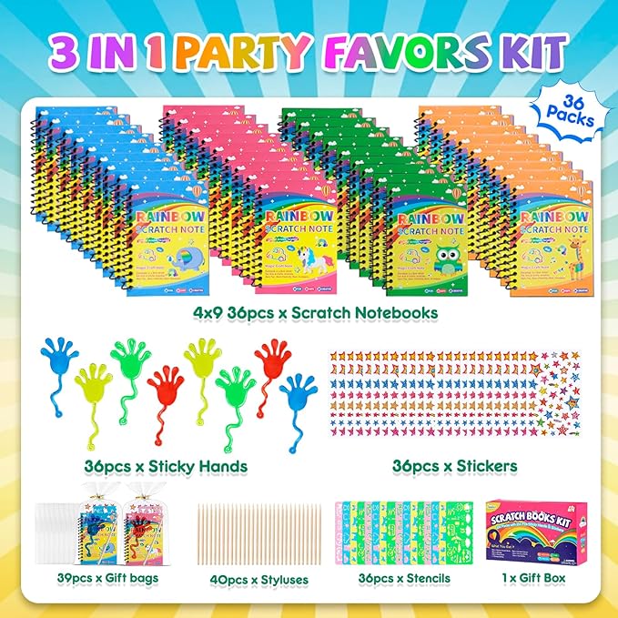 JMMICO 36*3 Packs Scratch Art Notebook+Sticky Hands+Stickers,Easter Party Favors for Kids 4-8-12,Return Gifts for Birthday Party Bulk Toys,Goodie Bags Stuffers, Classroom Prizes Students Gifts